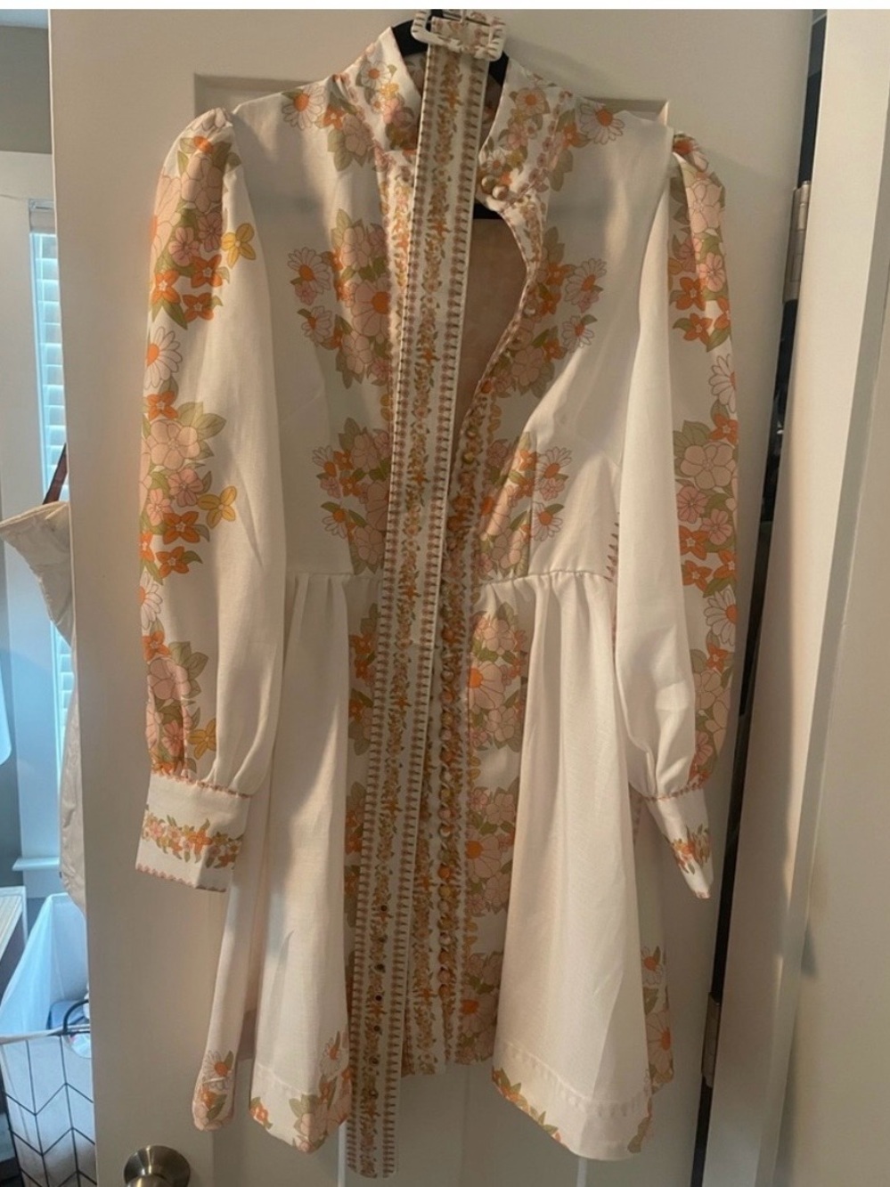 Women's Floral Embroidered White Dress with Orange-Pink Accents